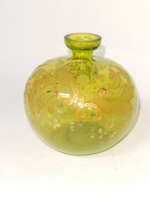 Vintage Hand Painted Green Glass Vase