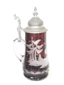 Vintage German Etched Ruby Glass Stein Mug