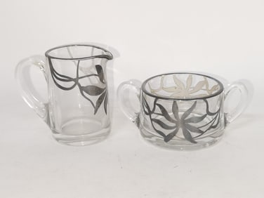 Vintage Glass Creamer & Sugar Bowl with Silver Ove