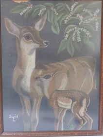 Mother Deer and Baby Oil Painting on Canvas, Signe