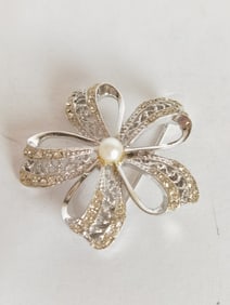 Costume Silver Tone Faux Pearl Brooch
