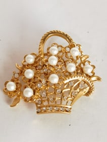Costume Signed Gold Tone Faux Pearl  Brooch