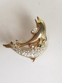 Costume Gold Tone Rhinestone Dolphin Brooch