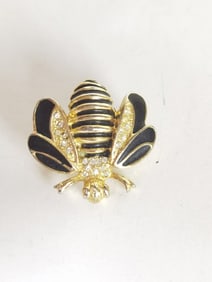 Costume Gold Tone Enameled Rhinestone Bee Brooch