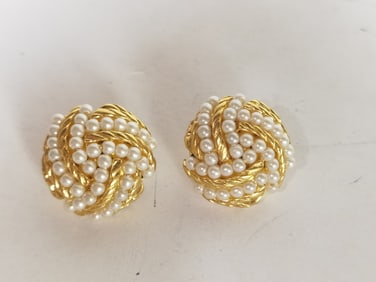Pr. of Avon Costume Gold Tone Faux Pearl Ear Clips
