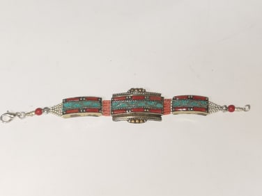 Vintage Native American Style Turquoise Inlay Brac