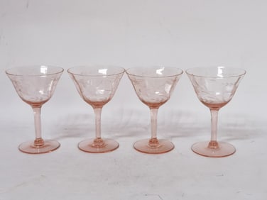 (4) Vintage Pink Depression Glass Etched Wine Glas