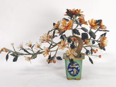 Chinese Jade Tree in Cloisonne Pot