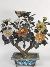 Chinese Jade Tree in Cloisonne Pot