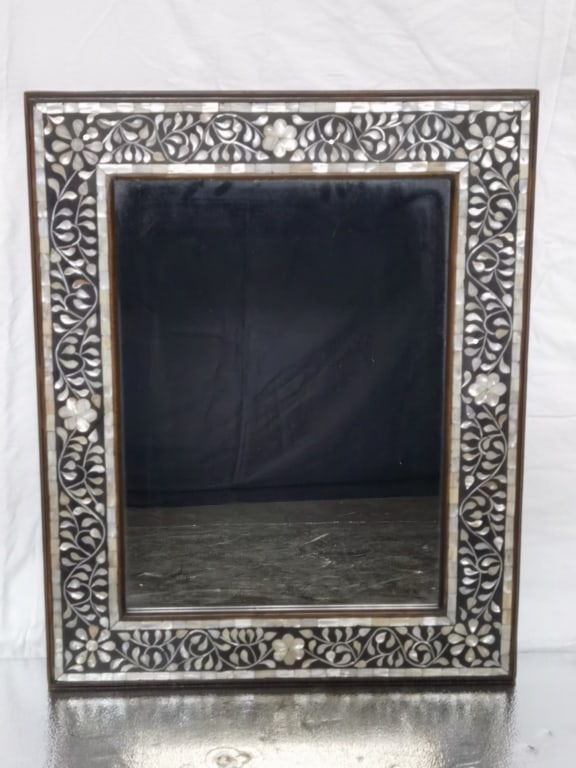 Vintage Mother-of-Pearl Inlay Glass Mirror: Vintage Mother-of-Pearl Inlay Glass Mirror, 30in by 24in