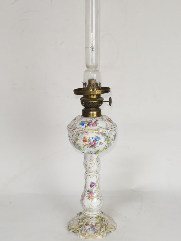 Antique Dresden Germany Porcelain Floral Oil Lamp: Antique Dresden Germany Porcelain Floral Oil Lamp, 19in