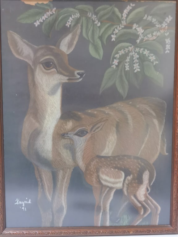 Mother Deer and Baby Oil Painting on Canvas, Signe: Mother Deer and Baby Oil Painting on Canvas, Signed Ingrid, 26in by 19.75in