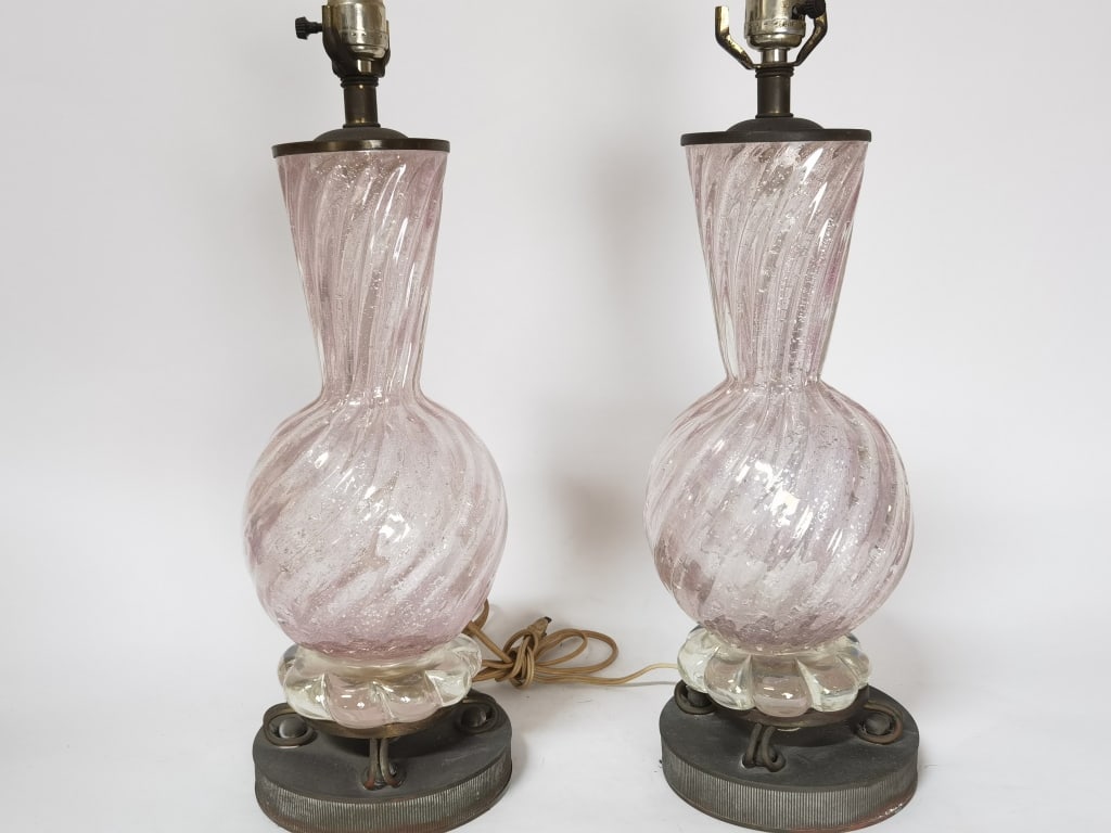 Pr. of Rare Murano Italy Barovier & Toso Pink Glas: Pr. of Rare Murano Italy Barovier & Toso Pink Glass Lamps, 20in