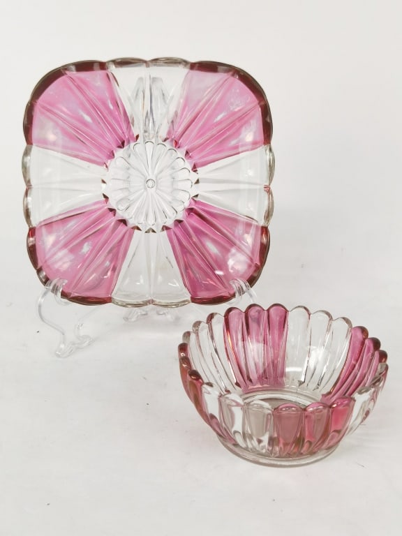 Vintage Cranberry Clear Glass Bowl and Plate: Vintage Cranberry Clear Glass Bowl and Plate, 2.5in & 7.5in