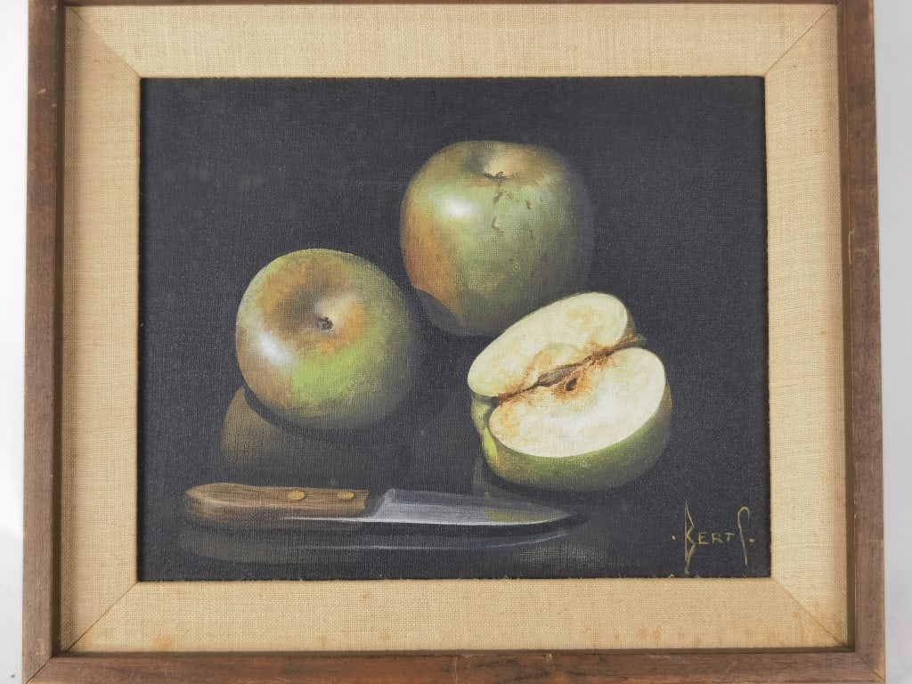 Green Apples Still Life Oil Painting, Signed Bert (1 of 3)
