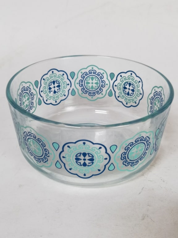 Pyrex Clear and Turquoise Glass Serving Bowl: Pyrex Clear and Turquoise Glass Serving Bowl, 2.75in by 6in
