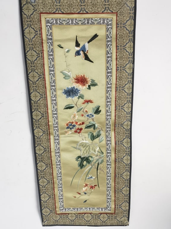 Chinese Bird/Flower Embroidery: Chinese Bird/Flower Embroidery, 24.5in by 10.25in