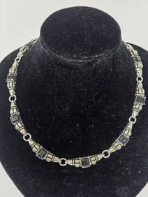 Costume Silver Tone Black Glass Necklace