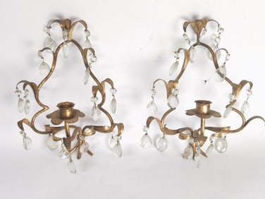 Pr. of Vintage Italian Crystal Brass Wall Sconces
