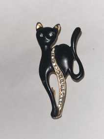 Costume Rhinestone Enameled Black Cat Brooch