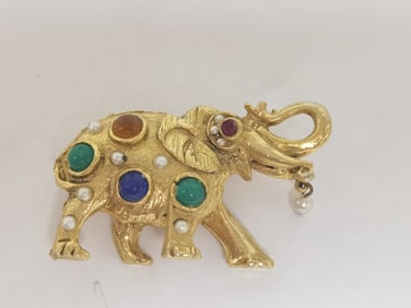 Costume Gold-Tone Stones Elephant Brooch