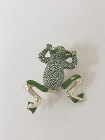 Costume Silver-Tone Enameled Frog Brooch
