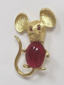 Costume Gold-Tone Faux Ruby Mouse Brooch