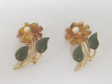 Pr. of Gold-Tone Amber/Jade/Pearl Brooches
