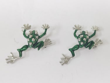 Pr. of Costume Silver-Tone Enameled Frog Brooches