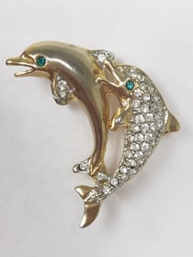 Costume Gold-Tone Rhinestone Dolphin Brooch