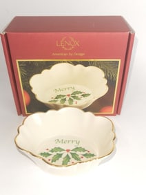 Lenox Porcelain Holiday Merry Oval Fluted Dish