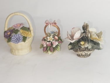 (3) Vintage Porcelain Flower Basket Decors