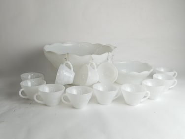 Set of 14 Vintage Milk Glass Punch Bowl and Cups
