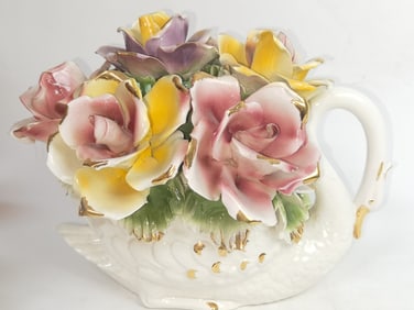 Vintage Italian Porcelain Flower Swan Basket