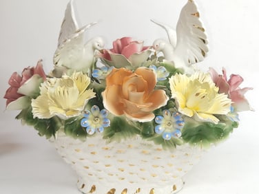 Vintage Italian Porcelain Doves and Flower Basket