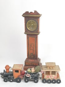 Vintage Wood Table Clock and Toy Train