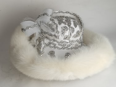 White Fur Rhinestone Church Hat