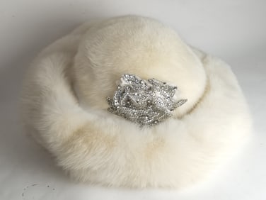 Vintage Cream White Rhinestone Fur Hat