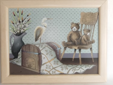 Vintage Teddy Bear Oil on Canvas, Signed Austin