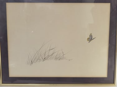 Pencil Drawing of Grass and Butterfly, Signed