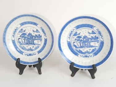 (2) 19-20th C. Chinese Export Porcelain B&W Plates