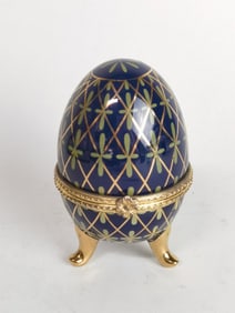 Vintage Gilt Blue Enamel Porcelain Egg Trinket Box