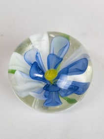 Unmarked Blue Floral Glass Paperweight