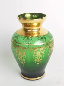 Vintage Bohemian Gilt Emerald Glass Vase