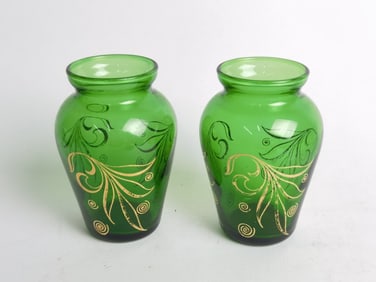 Pr. of Vintage Fenton Gilt Emerald Glass Vases