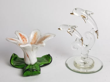 Vintage Art Glass Flower and Dolphin Figurine