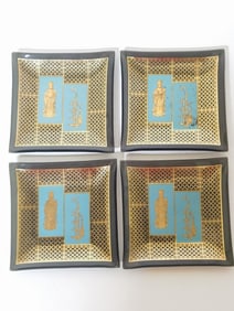 (4) Vintage MCM Oriental Square Black Glass Plates