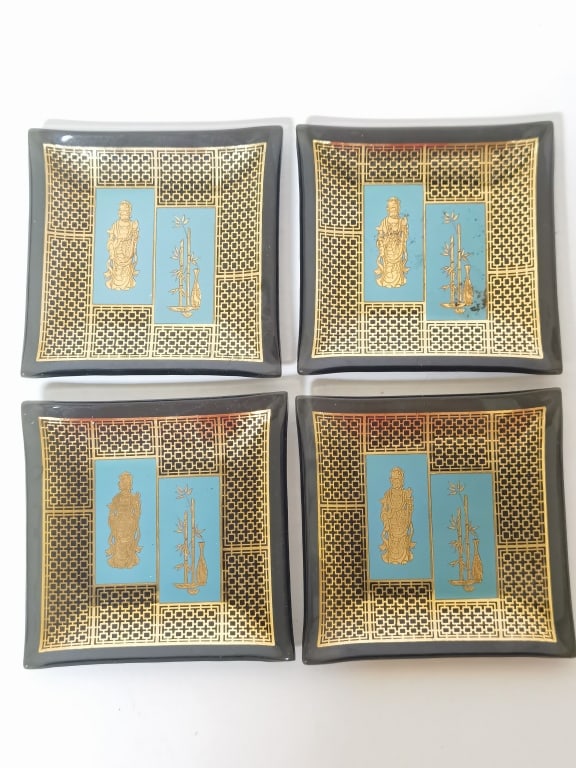 (4) Vintage MCM Oriental Square Black Glass Plates: (4) Vintage MCM Oriental Square Black Glass Plates, 3.75in