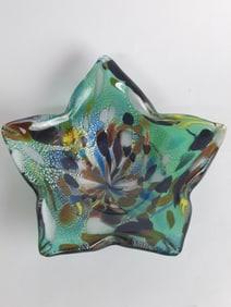 Vintage Murano Italy Splatter Green Glass Star Tra