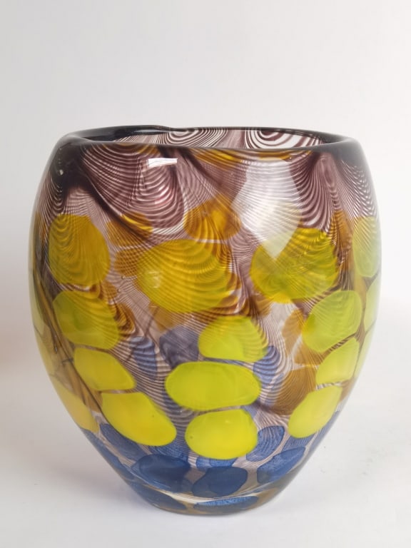 Vintage Murano Italy Brown Purple Feather Yellow D: Vintage Murano Italy Brown Purple Feather Yellow Dot Vase, 7.5in by 7in